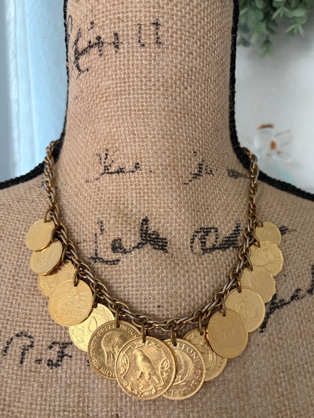 Vintage Gold Coin Charm Necklace - Women's Statement Jewelry 18in